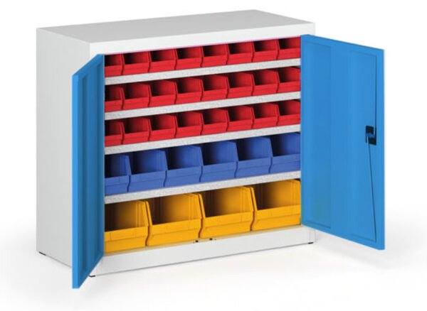 Skriňa s plastovými boxmi BASIC - 800 x 400 x 920 mm, 24xA, 6x B, 4x C, sivá/modré dvere