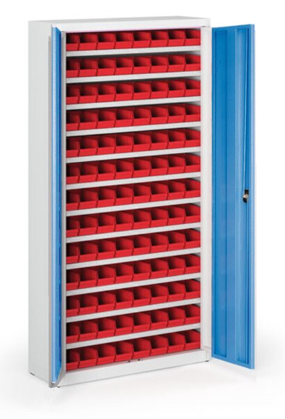 Skriňa s plastovými boxami BASIC - 1800 x 400 x 920 mm, 104xA, sivá / modré dvere