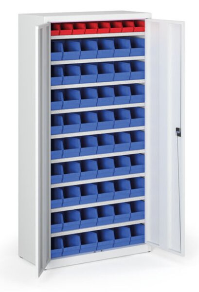 Skriňa s plastovými boxami BASIC - 1800 x 400 x 920 mm, 8xA/54xB, sivá/sivé dvere