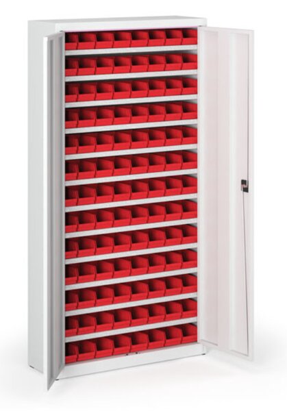Skriňa s plastovými boxami BASIC - 1800 x 400 x 920 mm, 104xA, sivá / sivé dvere