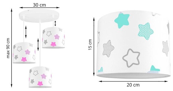 Detské závesné svietidlo Cone, 3x textilné tienidlo so vzorom (výber zo 6 farieb), (výber z 2 farieb konštrukcie), o