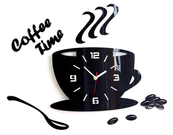 Moderné nástenné hodiny COFFE TIME 3D BLACK (nalepovacie hodiny na stenu)