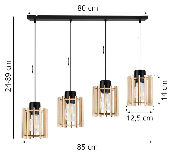 Závesné svietidlo Timber 7, 4x drevené tienidlo