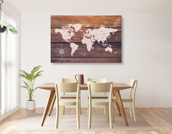 Obraz na korku decentná mapa s dreveným pozadím