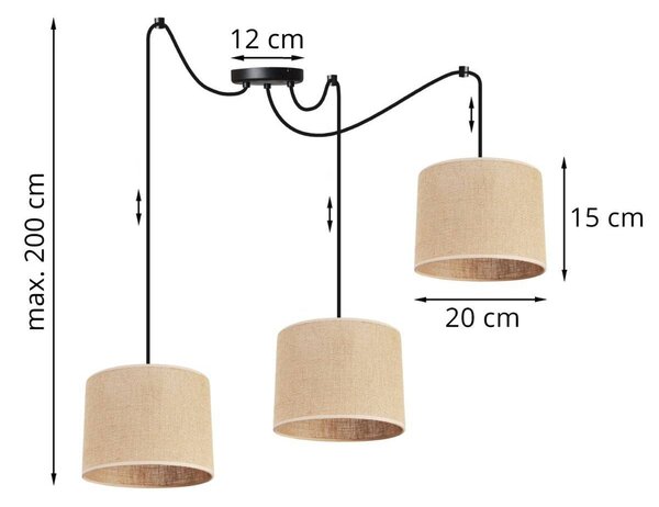 Závesné svietidlo Juta Spider, 3x jutové tienidlo, (výber z 2 farieb konštrukcie), (fi 20cm)
