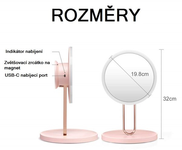 Bezdoteku LED kozmetické makeup zrkadlo BALET nabíjacie ružové