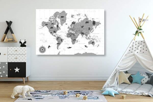 Obraz na korku mapa so zvieratami v čiernobielom prevedení