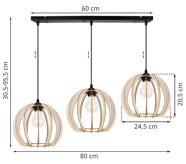 Závesné svietidlo Timber 9, 3x drevené tienidlo