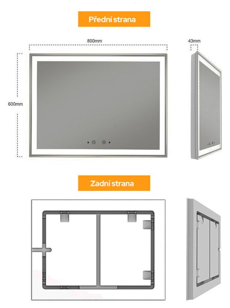 Bezdoteku Nemlžící kúpeľňové zrkadlo s LED osvetlením 80x60 cm KZ1