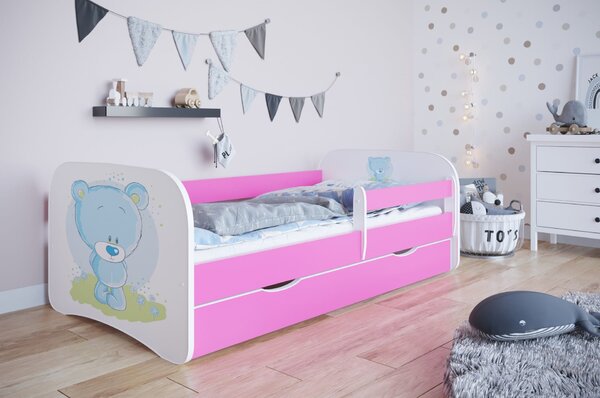 Kondela Detská posteľ BABY DREAMS 140/70- Modrý Macko Ružová S matracom S úložným priestorom