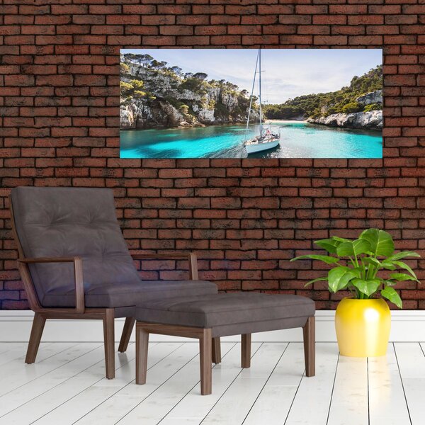 Obraz - Pláž s plachetnicou (120x50 cm)