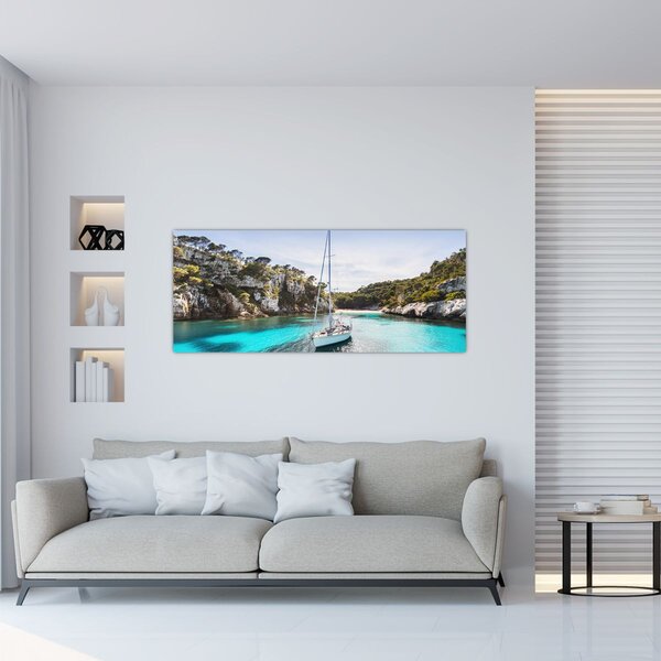 Obraz - Pláž s plachetnicou (120x50 cm)