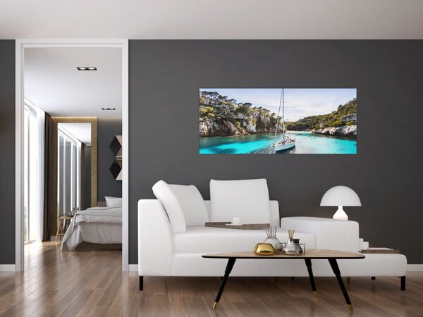 Obraz - Pláž s plachetnicou (120x50 cm)