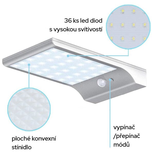 Bezdoteku LEDSolar 36 nástenná lampa s vysunutím biela, sa senzorom, bezdrôtové, 2,5 W, studená farba
