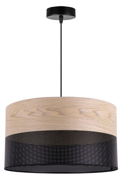 Závesné svietidlo Wood, 1x béžová dubová dýha/čierne PVC tienidlo, (fi 40cm)