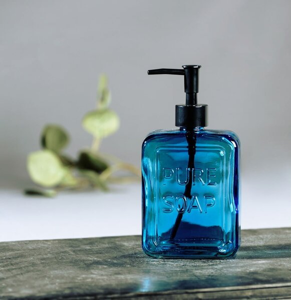 Modrý sklenený dávkovač na mydlo Wenko Pure Soap