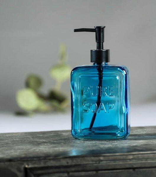 Modrý sklenený dávkovač na mydlo Wenko Pure Soap