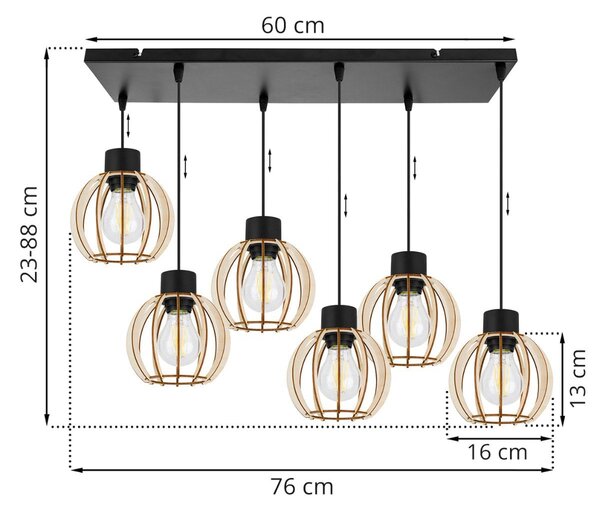 Závesné svietidlo Timber 8, 6x drevené tienidlo