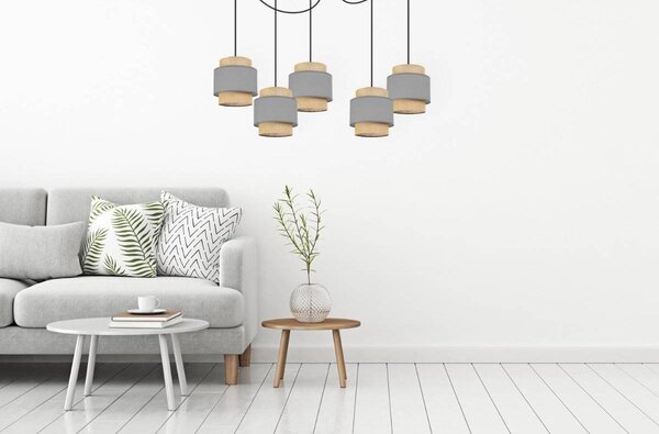 Závesné svietidlo Boho Spider, 5x jutové/sivé textilné tienidlo