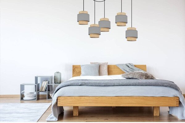 Závesné svietidlo Boho Spider, 5x jutové/sivé textilné tienidlo