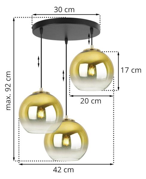 Závesné svietidlo Bergen Gold, 3x zlaté/transparentné sklenené tienidlo (fi 20cm), o