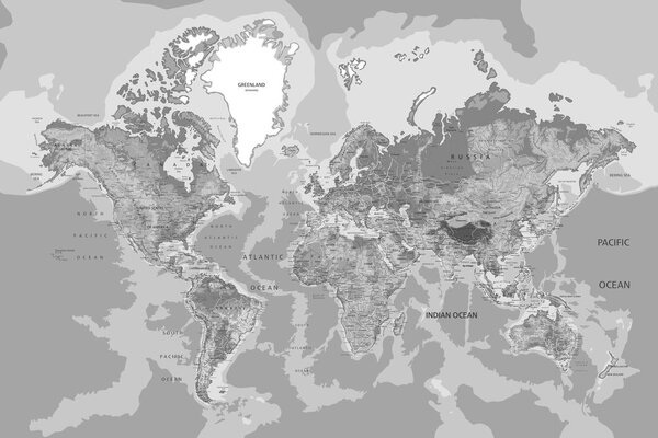Obraz na korku klasická mapa sveta v čiernobielom prevedení