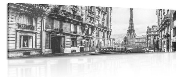 Obraz pohľad na Eiffelovu vežu z ulice Paríža v čiernobielom prevedení