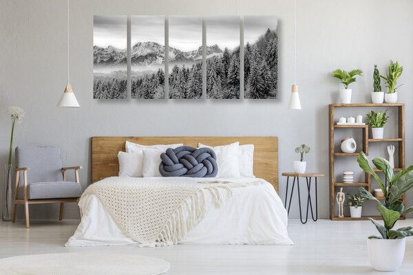 5-dielny obraz zamrznuté hory v čiernobielom prevedení