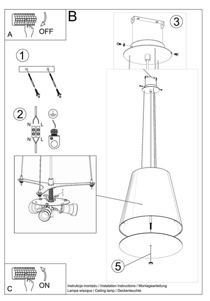 Závesné svietidlo Geneve, 1x čierne textilné tienidlo, (biele sklo), (fi 50 cm)