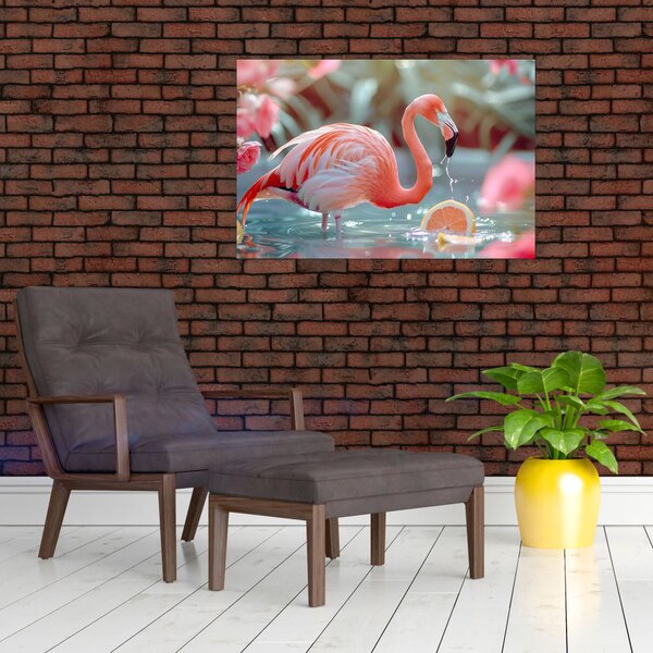 Obraz - Plameniak v jazierku (90x60 cm)