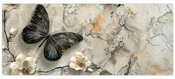 Obraz - Mramorové pozadie s motýľmi (120x50 cm)