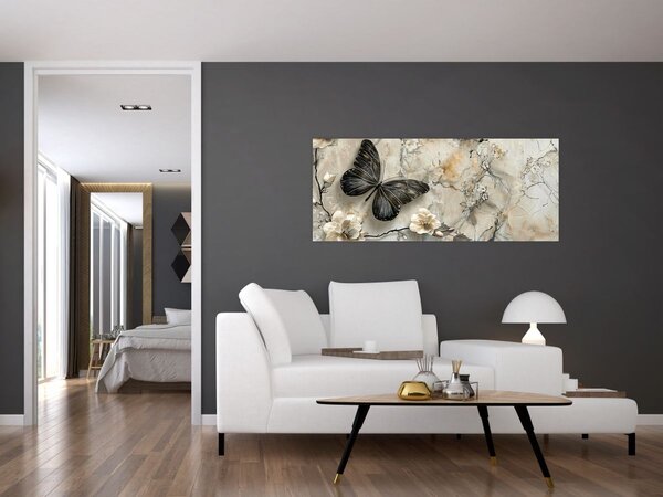 Obraz - Mramorové pozadie s motýľmi (120x50 cm)