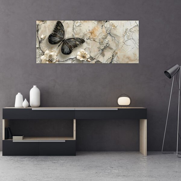 Obraz - Mramorové pozadie s motýľmi (120x50 cm)