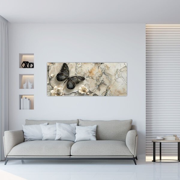 Obraz - Mramorové pozadie s motýľmi (120x50 cm)