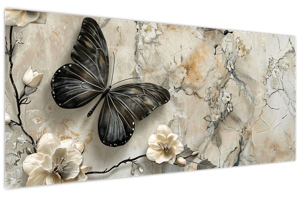 Obraz - Mramorové pozadie s motýľmi (120x50 cm)