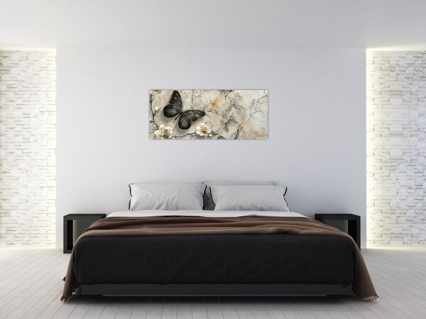 Obraz - Mramorové pozadie s motýľmi (120x50 cm)