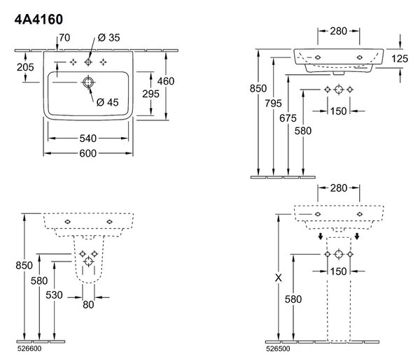 Villeroy & Boch O.novo - Umývadlo 600x460 mm, s prepadom, alpská biela 4A416001