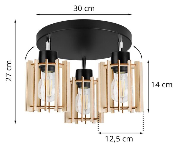 Stropné svietidlo Timber 7, 3x drevené tienidlo, op