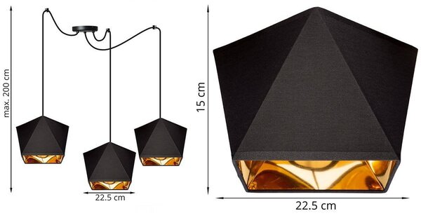 Závesné svietidlo Diamond Gold Spider, 3x čierne/zlaté textilné tienidlo