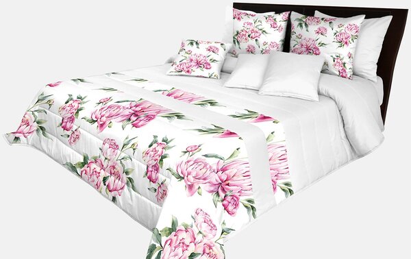 Prehoz na posteľ v krásnej bielej farbe s potlačou ružových kvetín a zelených listov Biela