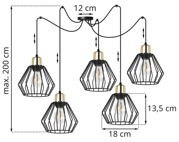 Závesné svietidlo Nuvola Spider 5, 5x čierne drôtené tienidlo, g
