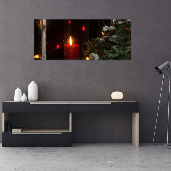 Obraz - Žiariaca vianočná sviečka (120x50 cm)