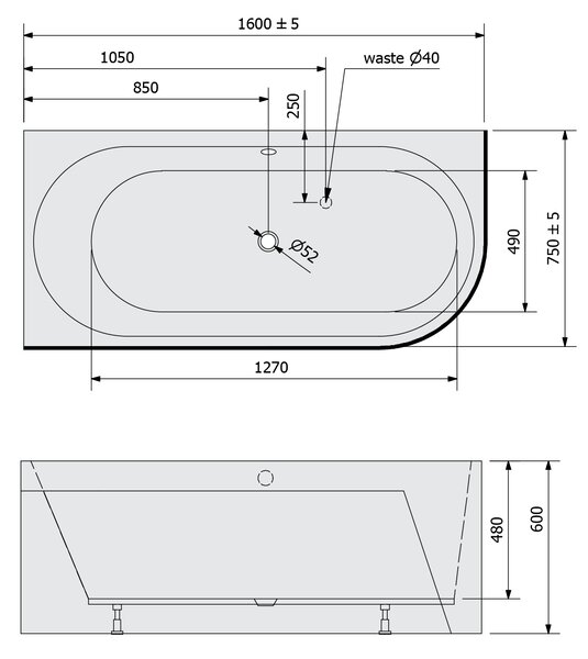 Polysan Polysan, ASTRA L MONOLITH asymetrická vaňa 160x75x60cm, biela, 33611M