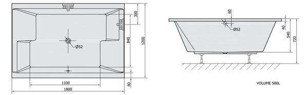 Polysan Polysan, DUPLA asymetrická vaňa 180x120x54cm, biela, 13611