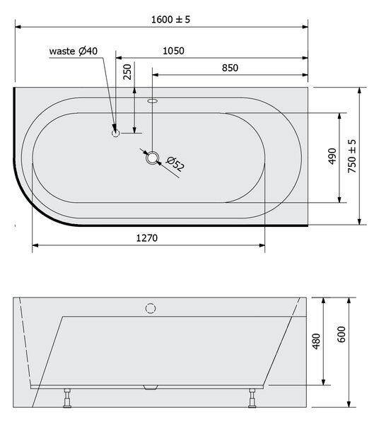 Polysan Polysan, ASTRA R MONOLITH asymetrická vaňa 160x75x60cm, biela, 34611M