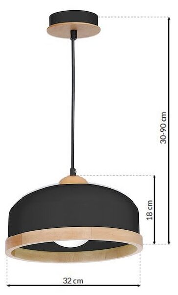 Závesné svietidlo Studio, 1x drevené/čierne kovové tienidlo, (fi 32cm), b/br