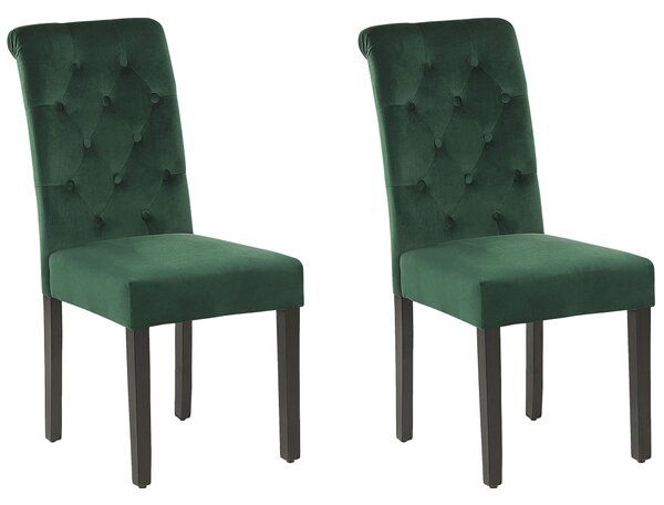 Sada 2 zelených zamatových stoličiek s čiernymi drevenými nohami pre jedáleň v štýle glamour
