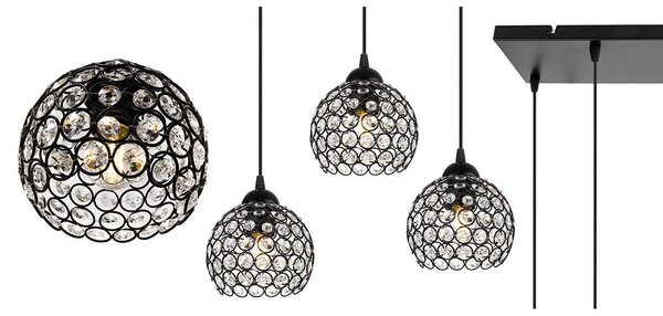 Závesné svietidlo Crystal, 5x čierne krištáľové tienidlo