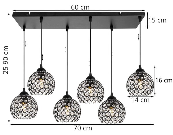 Závesné svietidlo Crystal, 5x čierne krištáľové tienidlo