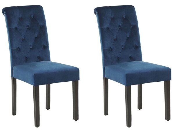 Sada 2 modrých zamatových stoličiek s čiernymi drevenými nohami pre jedáleň v štýle glamour